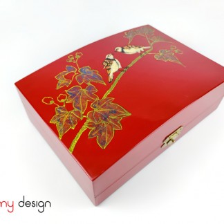 Red lacquer box with curved lid hand-painted with birds on the branch 30*22*H11cm